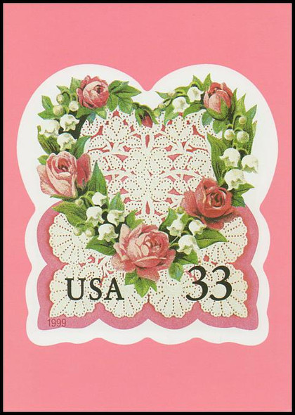1999 33c Victorian Lace Love Stamp Collectible Postcard Pink Border