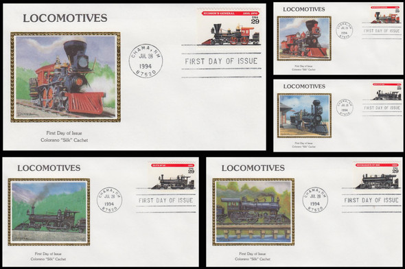 2843 - 2847 / 29c Locomotives Set of 5 Colorano Silk 1994 FDCs