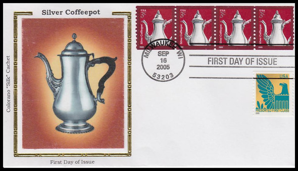 3759 / 3c Silver Coffee Pot PVA Coil Strip of 4 Colorano Silk 2005 First Day Cover