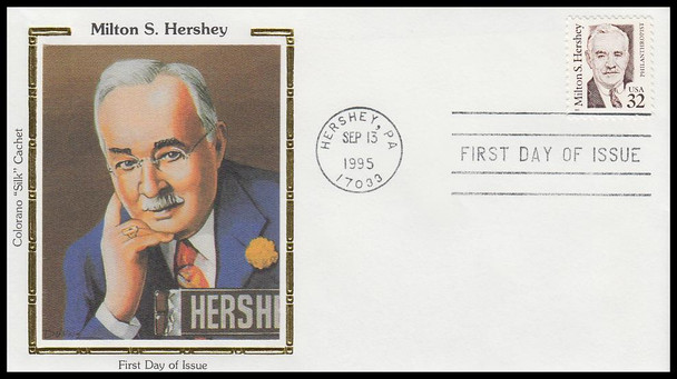2933 / 32c Milton Hershey : Philanthropist : Hershey's Chocolate Bar 1995 Colorano Silk FDC