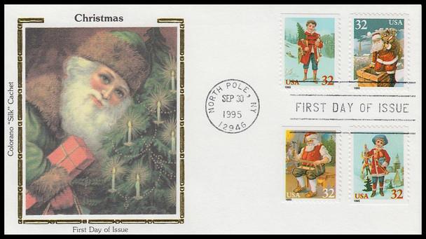 3008 - 3011 / 32c Santa and Children : Christmas Series All 4 on 1 Colorano Silk 1995 FDC