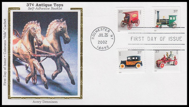 3642 - 3645 / 37c  Antique Toys Booklet All 4 On 1 Colorano Silk 2002 First Day Cover