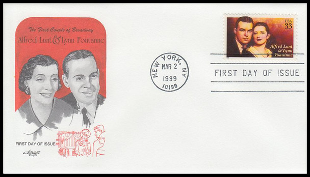 3287 / 33c Alfred Lunt and Lynn Fontanne : Actors 1999 Artmaster First Day Cover