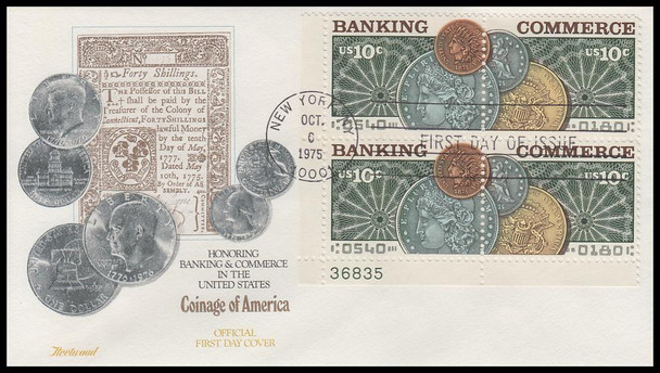 1578a / 10c Banking and Commerce 1975 Se-Tenant Plate Block Fleetwood FDC
