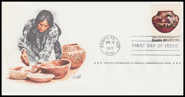 1706 - 1709 / 13c Pueblo Indian Pottery w/ info cards Set of 4 Postmasters of America 1977 First Day Covers