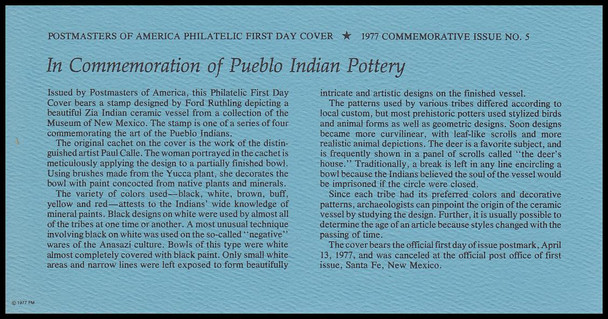 1706 - 1709 / 13c Pueblo Indian Pottery w/ info cards Set of 4 Postmasters of America 1977 First Day Covers