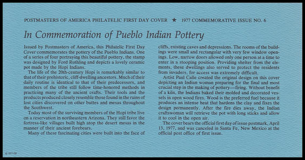 1706 - 1709 / 13c Pueblo Indian Pottery w/ info cards Set of 4 Postmasters of America 1977 First Day Covers