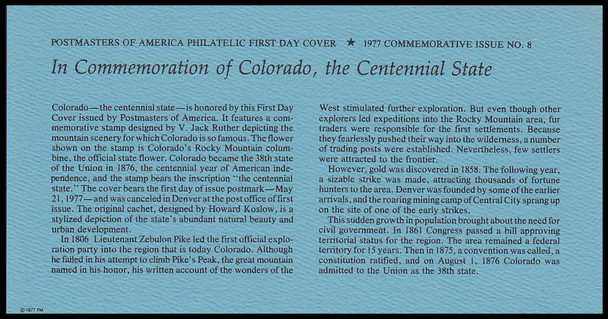 1711 / 13c Colorado Statehood w/ info card 1977 Postmasters of America First Day Cover