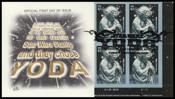 4205 / 41c Yoda : Star Wars Plate Block 2007 Artcraft First Day Cover