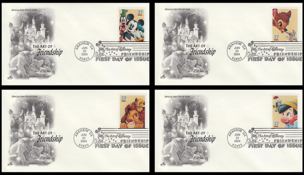 3865 - 3868 / 37c Friendship : Art of Disney Series 2004 Set of 4 Artcraft First Day Covers