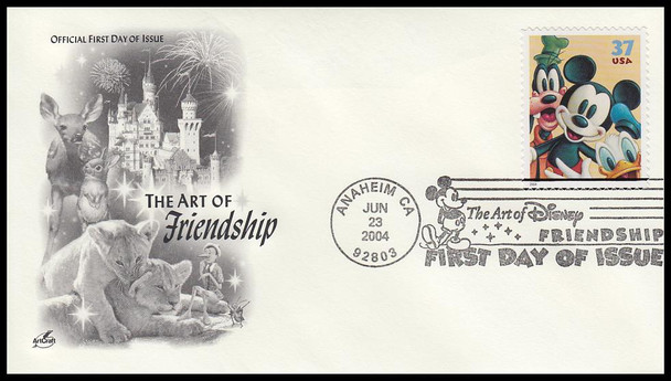 3865 - 3868 / 37c Friendship : Art of Disney Series 2004 Set of 4 Artcraft First Day Covers
