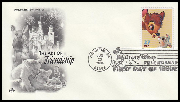 3865 - 3868 / 37c Friendship : Art of Disney Series 2004 Set of 4 Artcraft First Day Covers