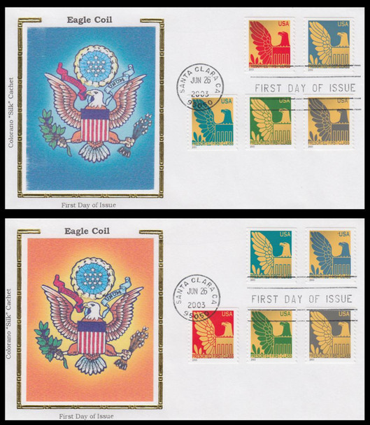 3792 - 3801 / 25c Presorted Eagle PSA Coils All on 2 Colorano Silk 2003 First Day Covers