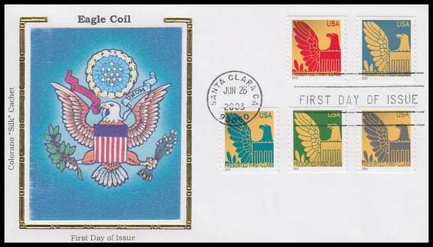 3792 - 3801 / 25c Presorted Eagle PSA Coils All on 2 Colorano Silk 2003 First Day Covers