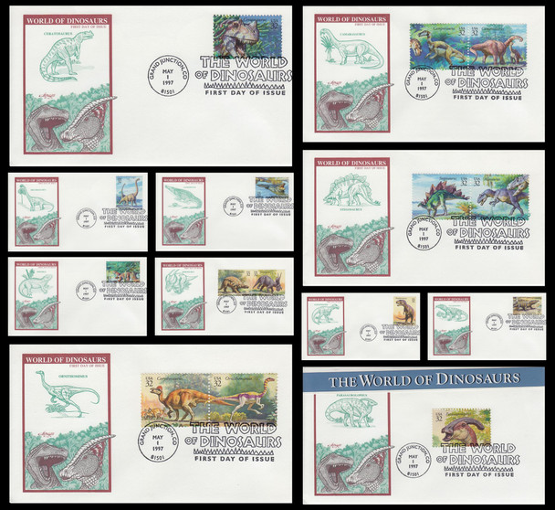 3136a-o / 32c World of Dinosaurs on 11 w/ Header Strip Artmaster 1997 FDCs
