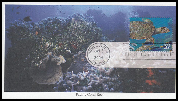 3831e / 37c Hawksbill Turtle : Pacific Coral Reef 2004 Mystic FDC