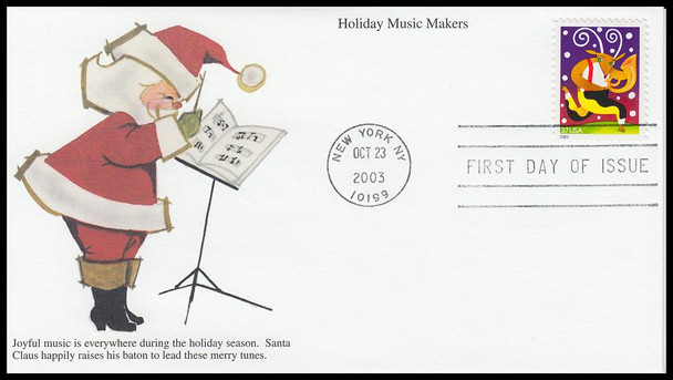 3825 - 3828 / 37c Holiday Music Makers PSA Vending Booklet Singles Set of 4 Mystic 2003 FDCs