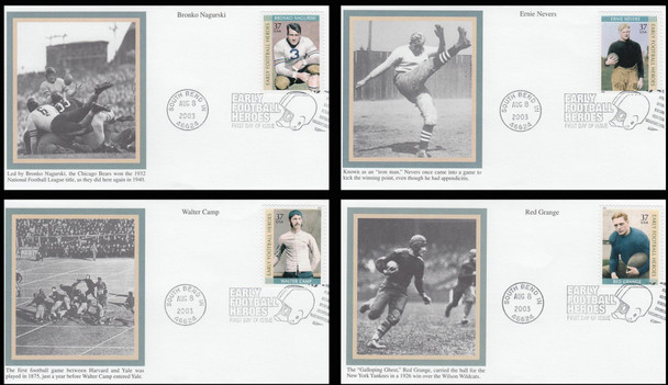 3808 - 3811 / 37c Early Football Heroes Set of 4 Mystic 2003 FDCs