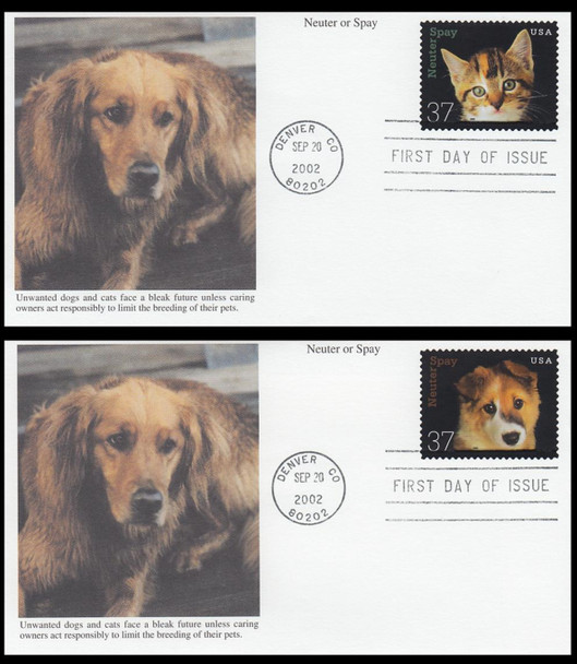 3670 - 3671 / 37c Spay or Neuter Your Animals Set of 2 Mystic 2002 First Day Covers