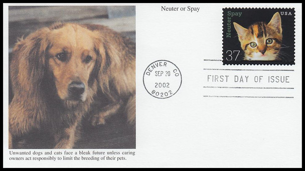 3670 / 37c Cat : Spay or Neuter Your Animals 2002 Mystic First Day Cover