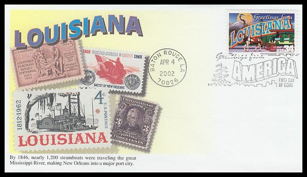 3578 / 34c Louisiana : Greetings From America 2002 Mystic First Day Cover