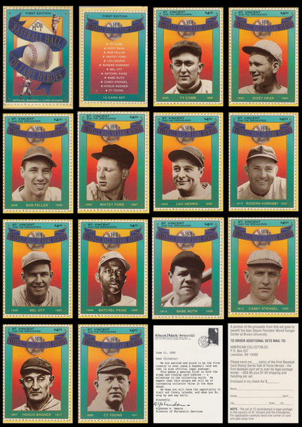 1693 - 1704 / $4 Baseball Hall of Fame Set of 12 St Vincent Stamp Cards 1992 Sealed Pack