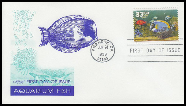 3317 - 3320 / 33c Aquarium Fish Set of 4 Artmaster 1999 First Day Covers