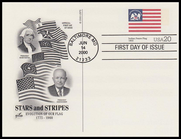 UX317 - UX336  / 20c Stars and Stripes : Historic American Flags Set of 20 Artcraft 2000 Postal Cards First Day Covers