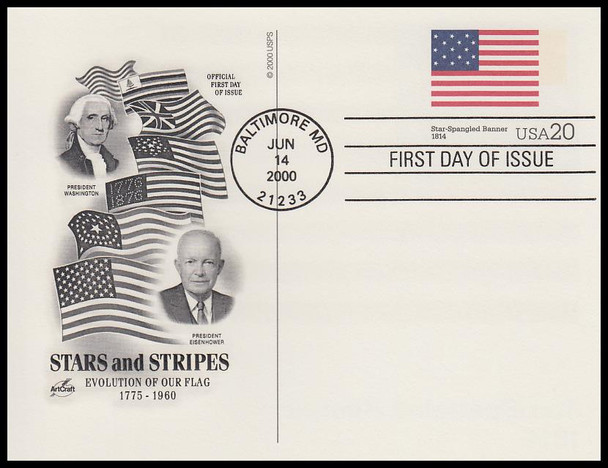 UX317 - UX336  / 20c Stars and Stripes : Historic American Flags Set of 20 Artcraft 2000 Postal Cards First Day Covers