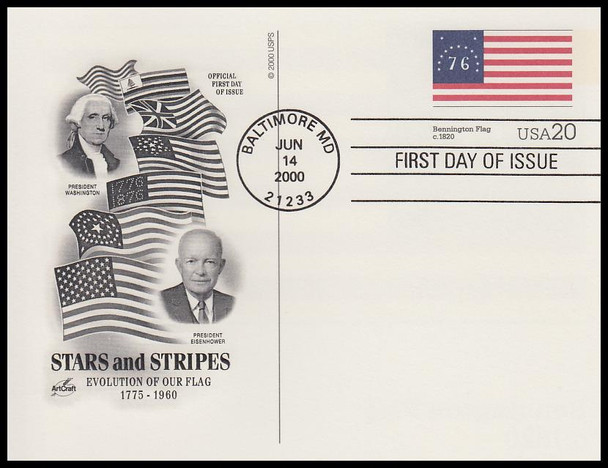 UX317 - UX336  / 20c Stars and Stripes : Historic American Flags Set of 20 Artcraft 2000 Postal Cards First Day Covers