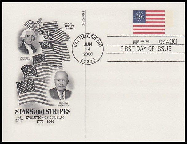 UX317 - UX336  / 20c Stars and Stripes : Historic American Flags Set of 20 Artcraft 2000 Postal Cards First Day Covers