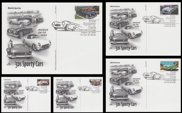 UX440 - UX444 / 23c Sporty Cars of the 50's Set of 5 Artcraft 2005 Postal Cards First Day Covers