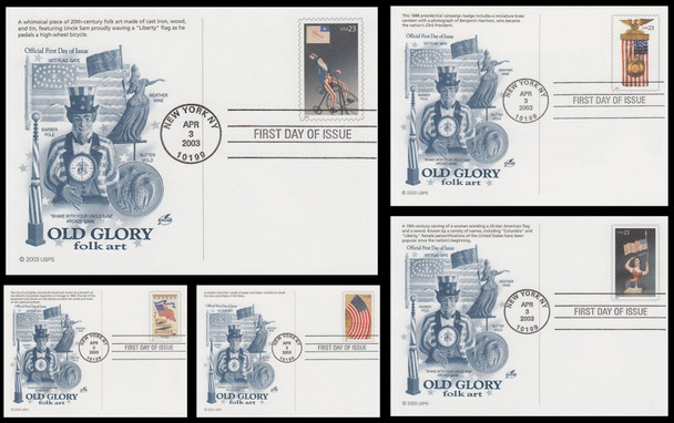 UX390 - UX394 / 23c Old Glory Prestige Set of 5 Artcraft 2003 Postal Cards First Day Covers