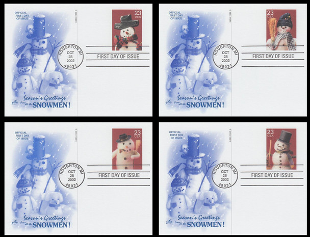 UX386 - UX389 / 23c Snowmen : Christmas Series Set of 4 Artcraft 2002 Postal Cards FDCs