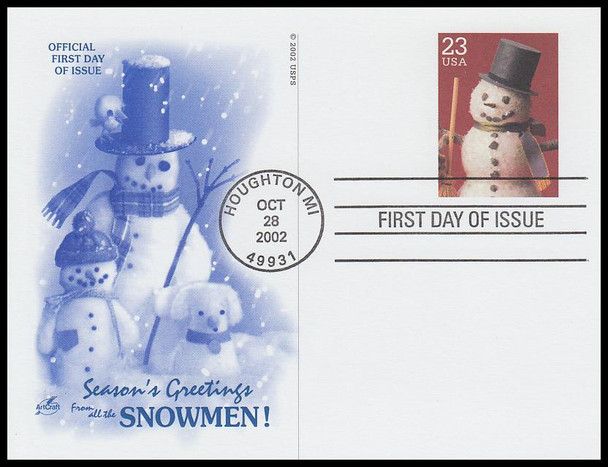 UX386 - UX389 / 23c Snowmen : Christmas Series Set of 4 Artcraft 2002 Postal Cards FDCs