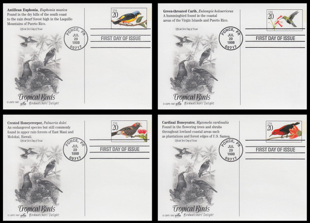 UX293 - UX296 / 20c Tropical Birds Set of 4 Artcraft 1998 Postal Cards FDCs