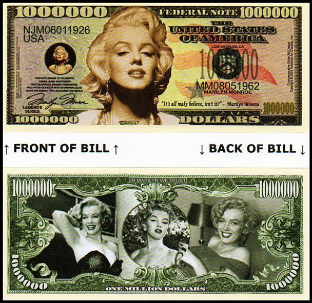 Marilyn Monroe / Norma Jean Million Dollar Novelty Commemorative Bill