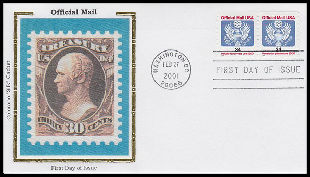 O158 / 34c Eagle Official Mail Coil Pair 2001 Colorano Silk First Day Cover