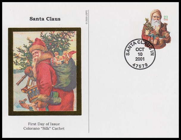 UX377 - UX380 / 21c Holiday Santas Postal Card Set of 4 Colorano Silk 2001 First Day Covers