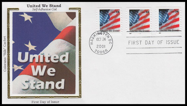 3550 / 34c United We Stand w/Plate Number 2001 Colorano Silk First Day Cover