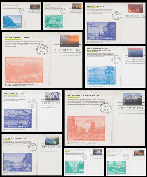 UX601 - UX610 / 28c Scenic American Landscapes Premium Stamped Postal Cards Set of 10 Fleetwood 2010 FDCs ( Small Spot On St. John )
