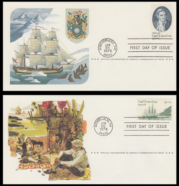 1732 - 1733 / 13c Capt. James Cook Set of 2 Postmasters of America 1978 First Day Cover