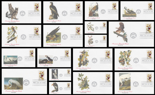 3650 / 37c John James Audubon : America's Favorite Birds Set of 18 Different Cachets 2002 Fleetwood FDCs