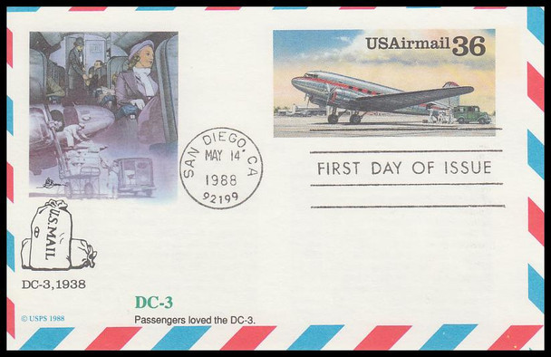UXC24 / 36c DC-3 Fleetwood 1988 FDC Airmail Postal Card