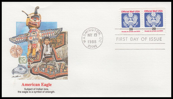 O138B / 20c Great Seal Official Mail Coil Pair 1988 Fleetwood First Day Cover