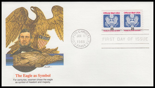 O141 / 25c Official Mail Eagle Coil Pair  1988 Fleetwood First Day Cover