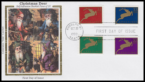 3360 - 3363 / 33c Holiday Deer On 1 Colorano Silk 1999 First Day Cover