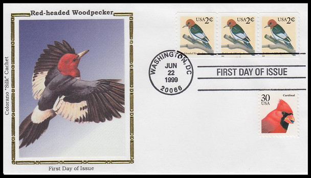 3045 / 2c Red-Headed Woodpecker Coil Pair with PNC #11111 Colorano Silk 1999 First Day Cover