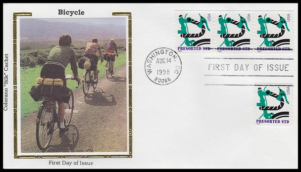 3229 / Green Bicycle 10c Non-Denominated Presorted Coil (APC) 1998 Colorano Silk First Day Cover