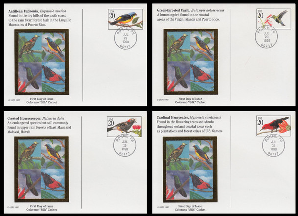 UX293 - UX296 / 20c Tropical Birds Set of 4 Colorano Silk 1998 Postal Card First Day Covers